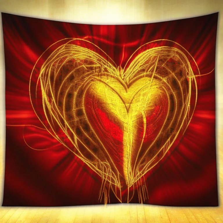 electric heart in red and golden tapestry