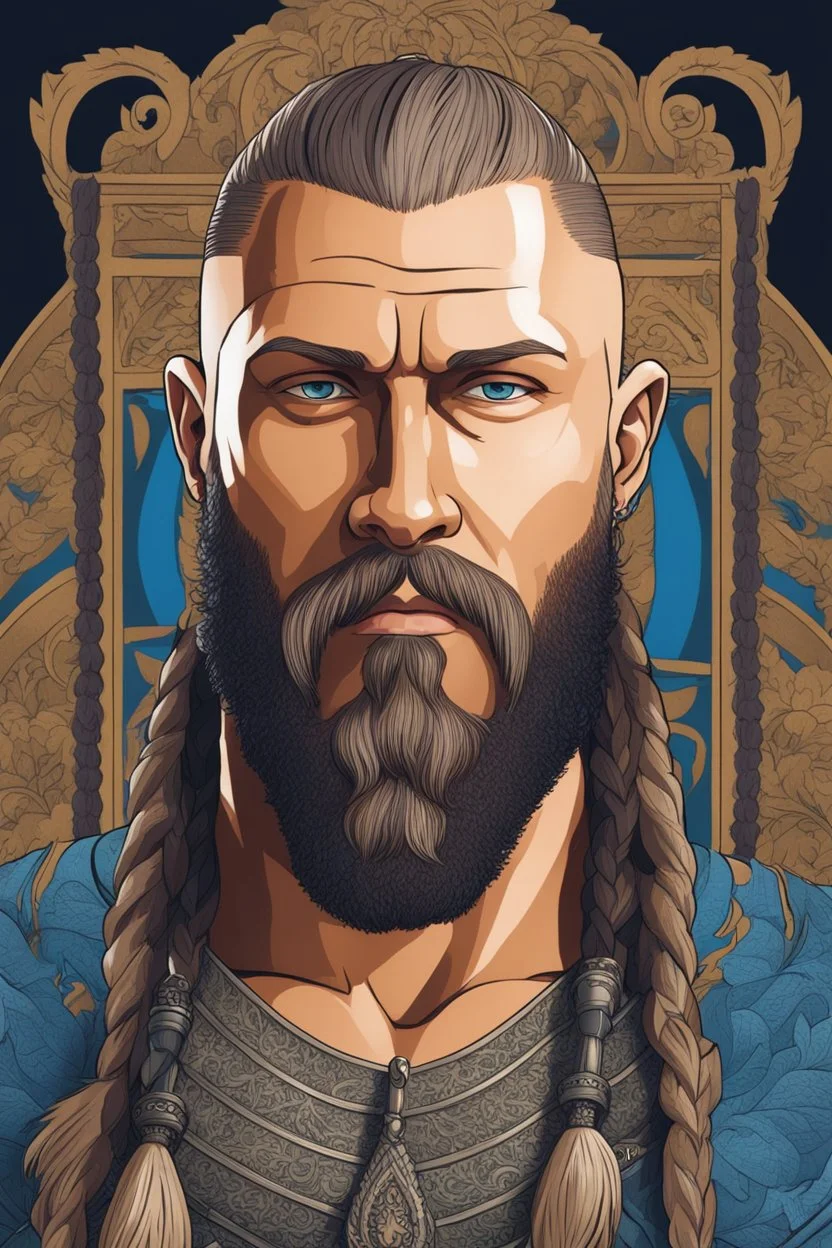 Ragnar Lothbrok in 8k cartoon artstyle, blue eyes, Bald, beard, tattoos, winter, close picture, highly detailed, high details, detailed portrait, masterpiece,ultra detailed, ultra quality