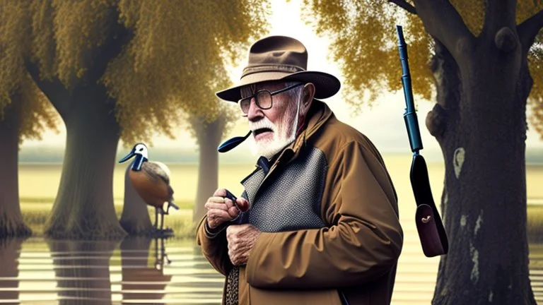 old man talks on phone while shooing ducks away,