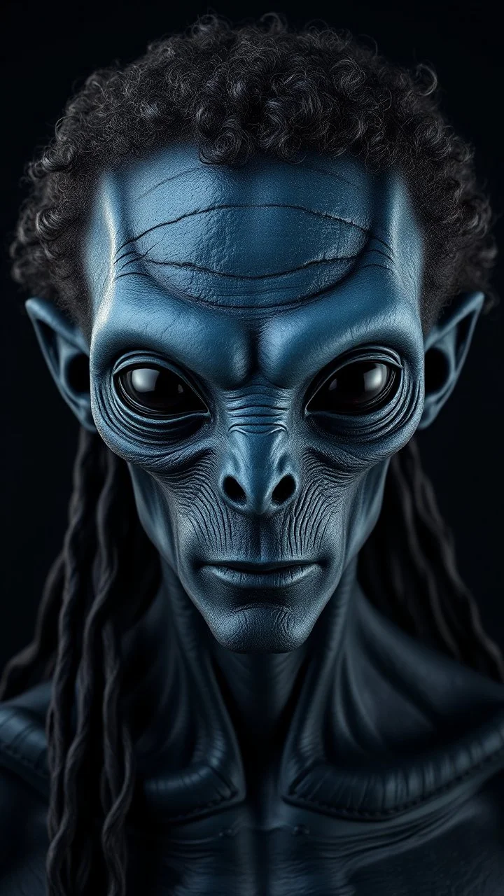 A man in black with a long curly hair . a body shot of a super blue skin alien, full head, old, looking at the camera, super big head, super big black eyes, small mouth, no ears, total black skin. photo real, hyperrealistic, high dynamic range, rich colors, lifelike texturesv, 8K UHD, high color depth. neutral dark background.