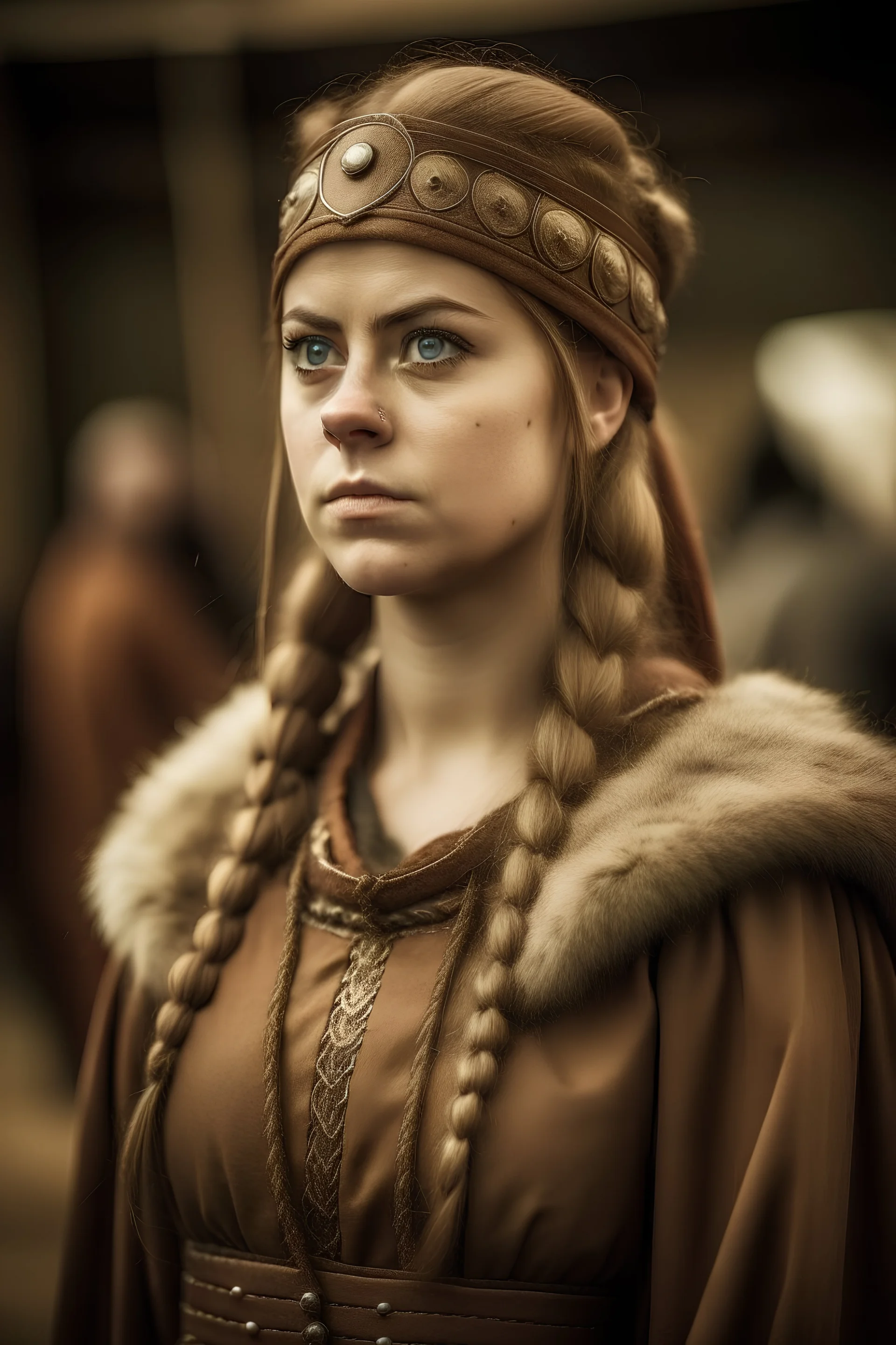 Female viking posing in clothing from the year 800 iceland