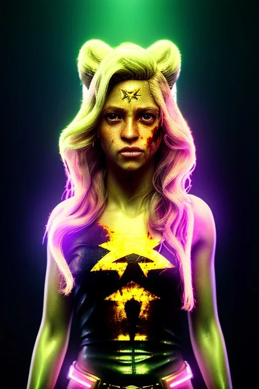 portrait, Shakira, blonde, angry, Realistic image, superhero, retro, watchmen style, gold make-up, blood, sweat, fog, goddess style, Neon colors, leds. Black background, photo studio, concept art, smooth, unreal engine 5, god lights, ray tracing, RTX, lumen lighting, ultra detail, volumetric lighting, 3d, finely drawn, high definition, 4k.