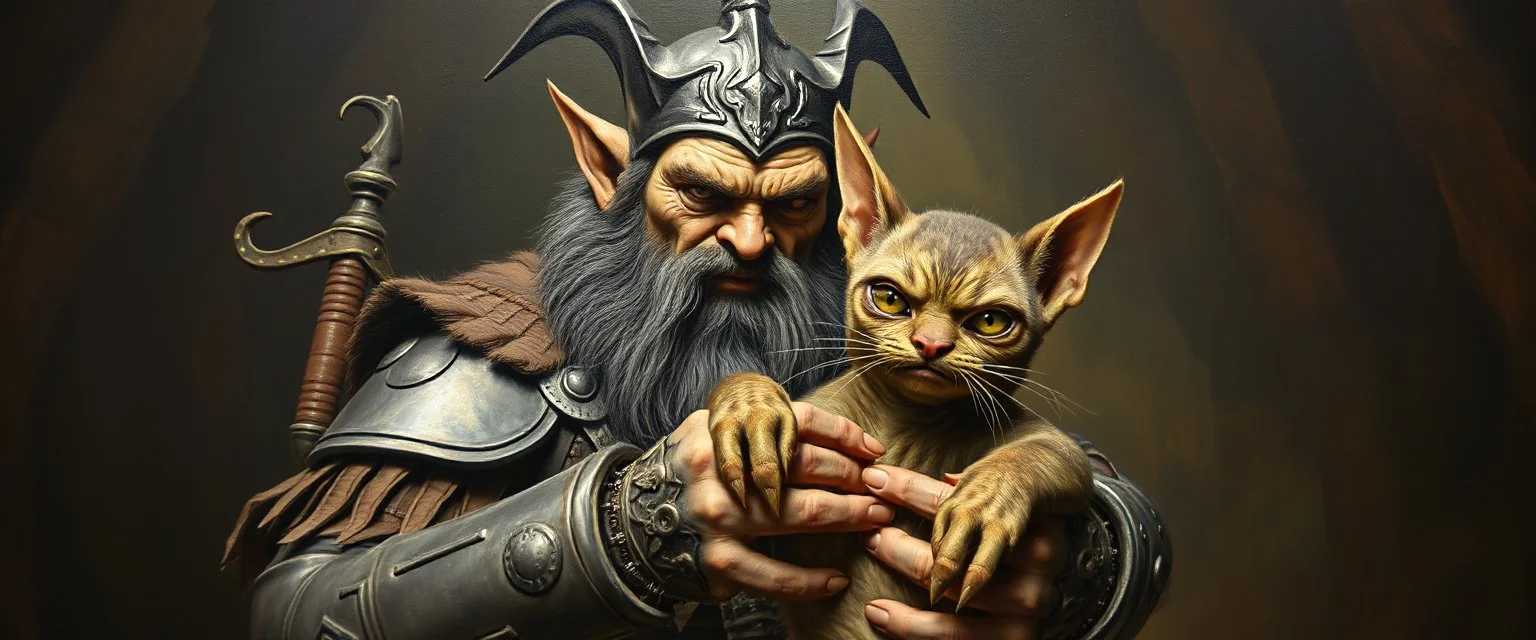 pin hole camera picture, master oil painting by Rembrandt, fantasy orc soldier holding and petting a big ugly vampire cat gremlin