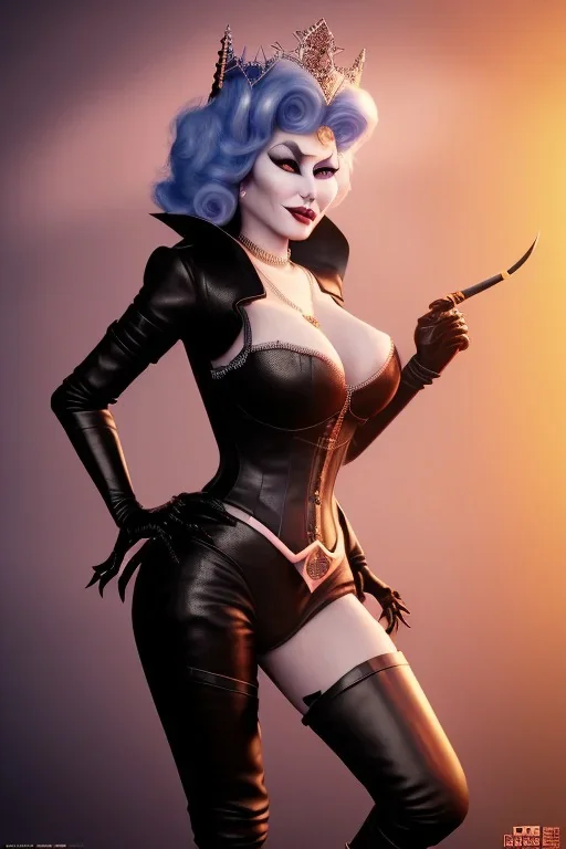 Mae West as evil queen in black leather, leather, busty, cleavage, angry, stern look. character design by cory loftis, fenghua zhong, ryohei hase, ismail inceoglu and ruan jia. unreal engine 5, artistic lighting, highly detailed, photorealistic, fantasy