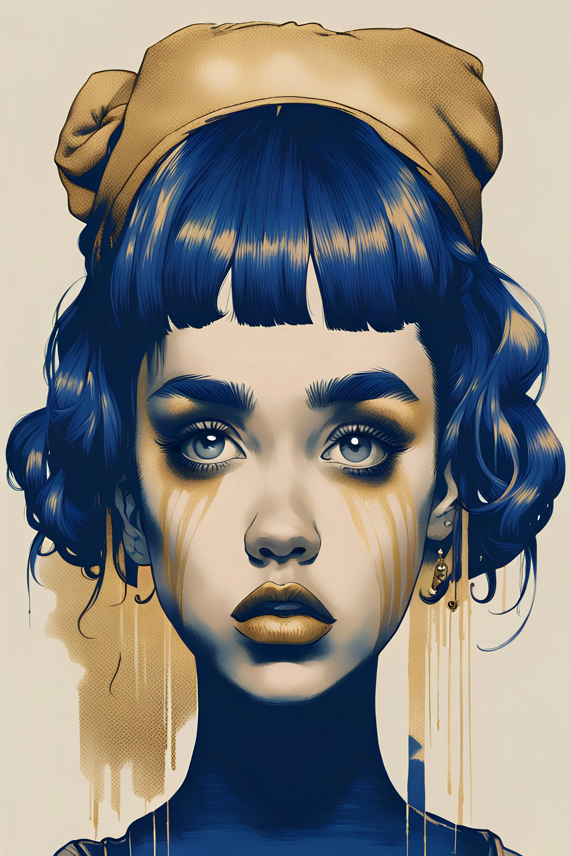 poster in two gradually, a one side the Singer Danish MØ face illustration by <Yoji Shinkawa> and other side the Singer Melanie Martinez face illustration by <John Kenn Mortensen>, darkblue and gold tones,