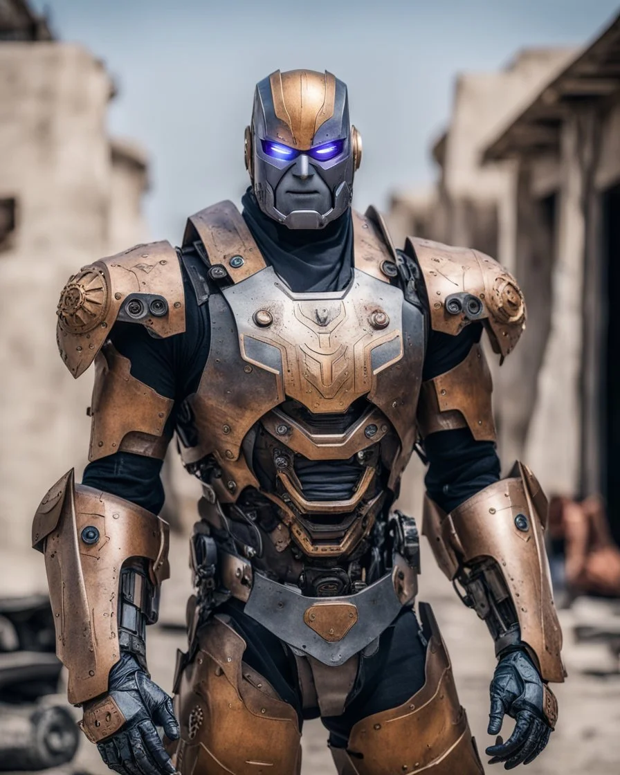 A brave iranian warrior with leather and metal combat clothes robotic metal with Chafee robo fighter, thanos