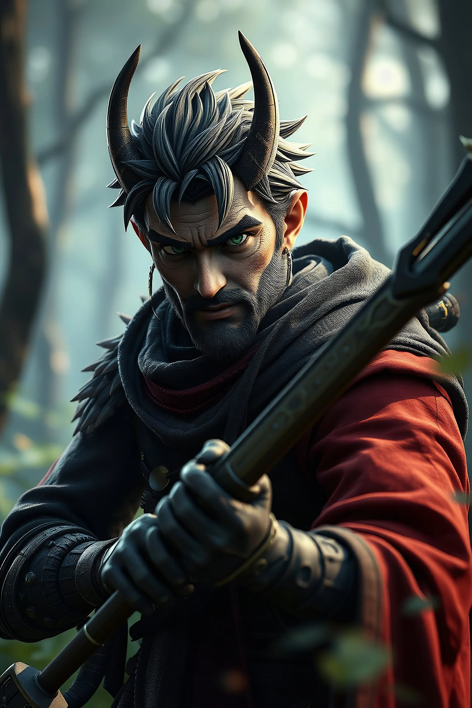 Ghibli movie. gerhart, guweiz. portrait of a man Goth vash, dynamic pose, galactic creature, hunter, forest background, fantasy, ghibli. using natural light to highlight weathered textures. with an emphasis on expression and mood. bokeh, Ultra-detailed Quality 3D, 3d render octane, Unreal engine 5 effects, VFX, Isometric, Made in blender, 8k sharp focus, cinematic, ultrahd, highly detailed, ultra photorealism fantasy