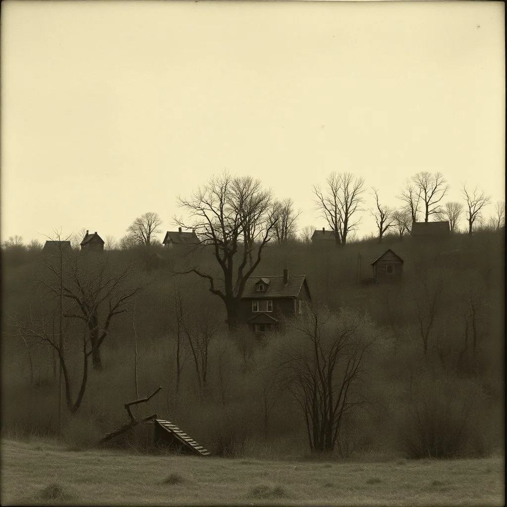 A landscape, odd black and white old photo, dystopic atmosphere, trees, some odd houses, George Grosz