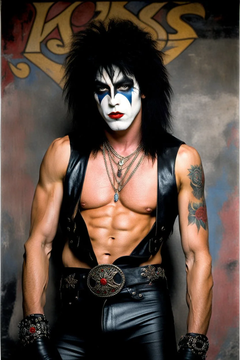 text 'KISS' - head and shoulders portrait, KISS - Tall and muscular 20-year-old Paul Stanley, Black star on right eye, Chest and stomach hair, rose tattoo on right shoulder, black spandex and leather, 8-inch high platform boots, - a multicolored cement wall in the background,