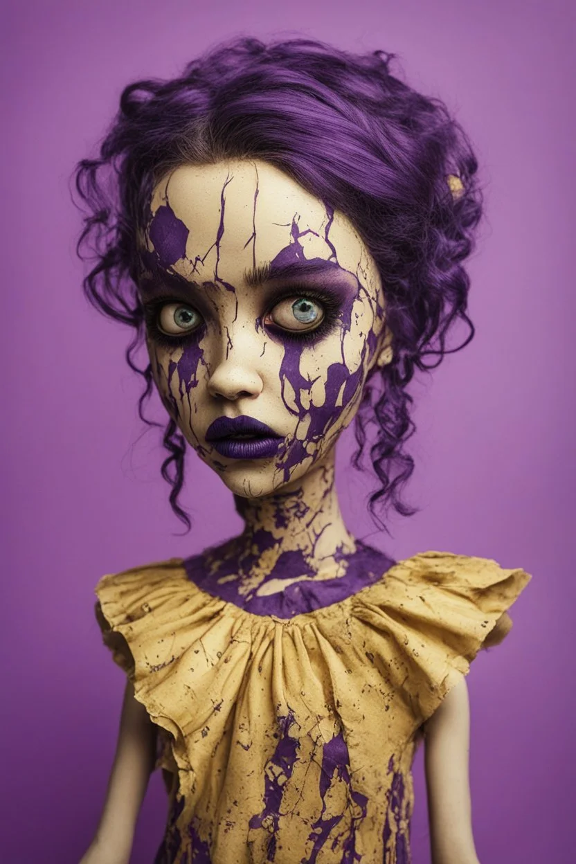 full color, illustration of a darkpurple and gold tones, menacing, Singer Melanie Martinez face, as a decayed, broken, crude homemade cloth doll toy, with a narrow cracked porcelain face, thick dark eyebrows, hair in two gradually, made from ragged strips of cloth, in the style of Alex Pardee, Tim Burton, and Nadya Sheremet