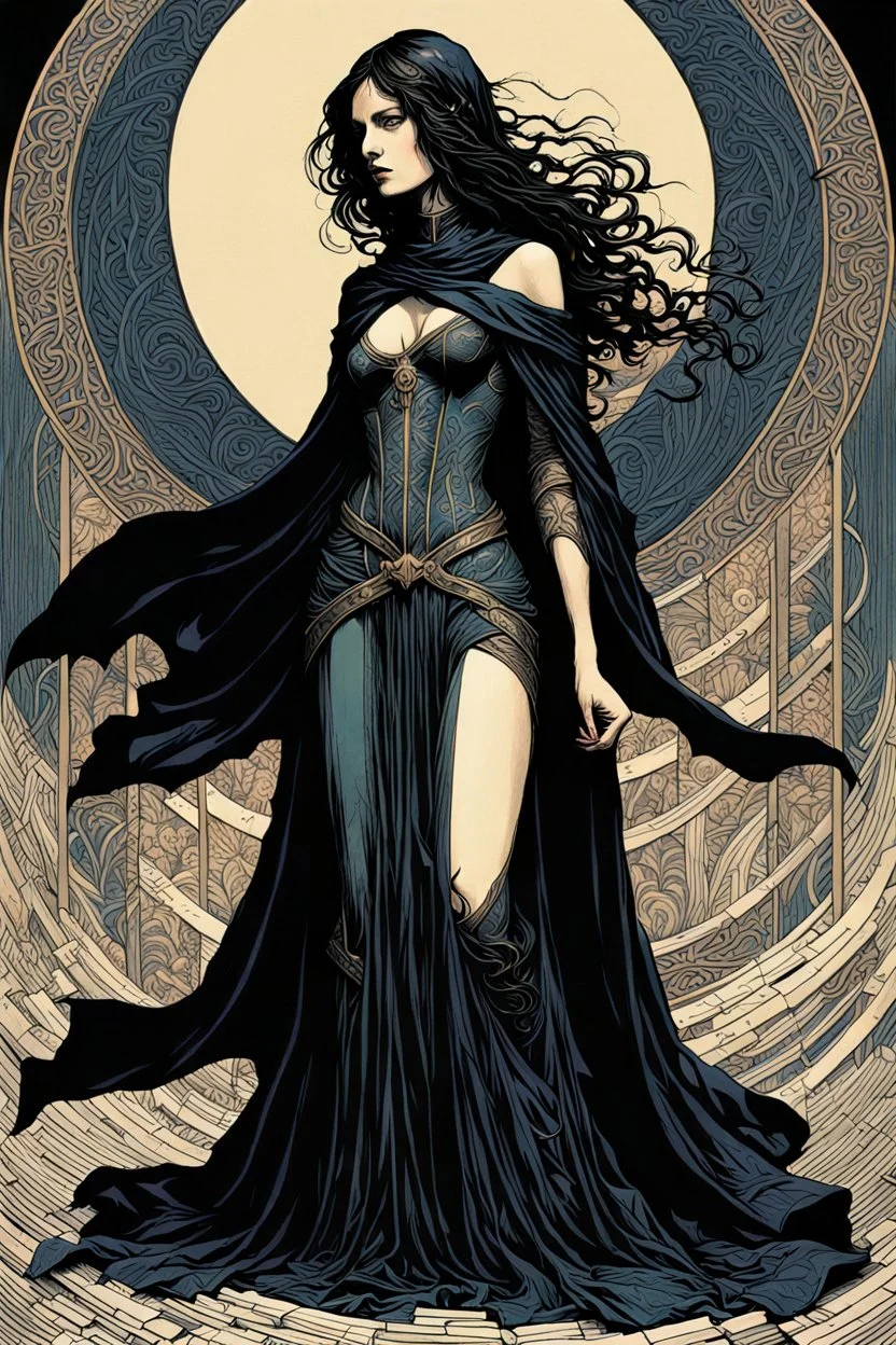 create a deeply evocative, and darkly magical full body woodcut of an epic fantasy raven maiden girl with highly detailed and deeply cut facial features, in the style of EDWARD BURNE-JONES, WILLIAM MORRIS, and KATHE KOLLWITZ combined with the comic art style of BILL SIENKIEWICZ and JEAN GIRAUD MOEBIUS, searing lines and forceful strokes, precisely drawn, inked, and colored