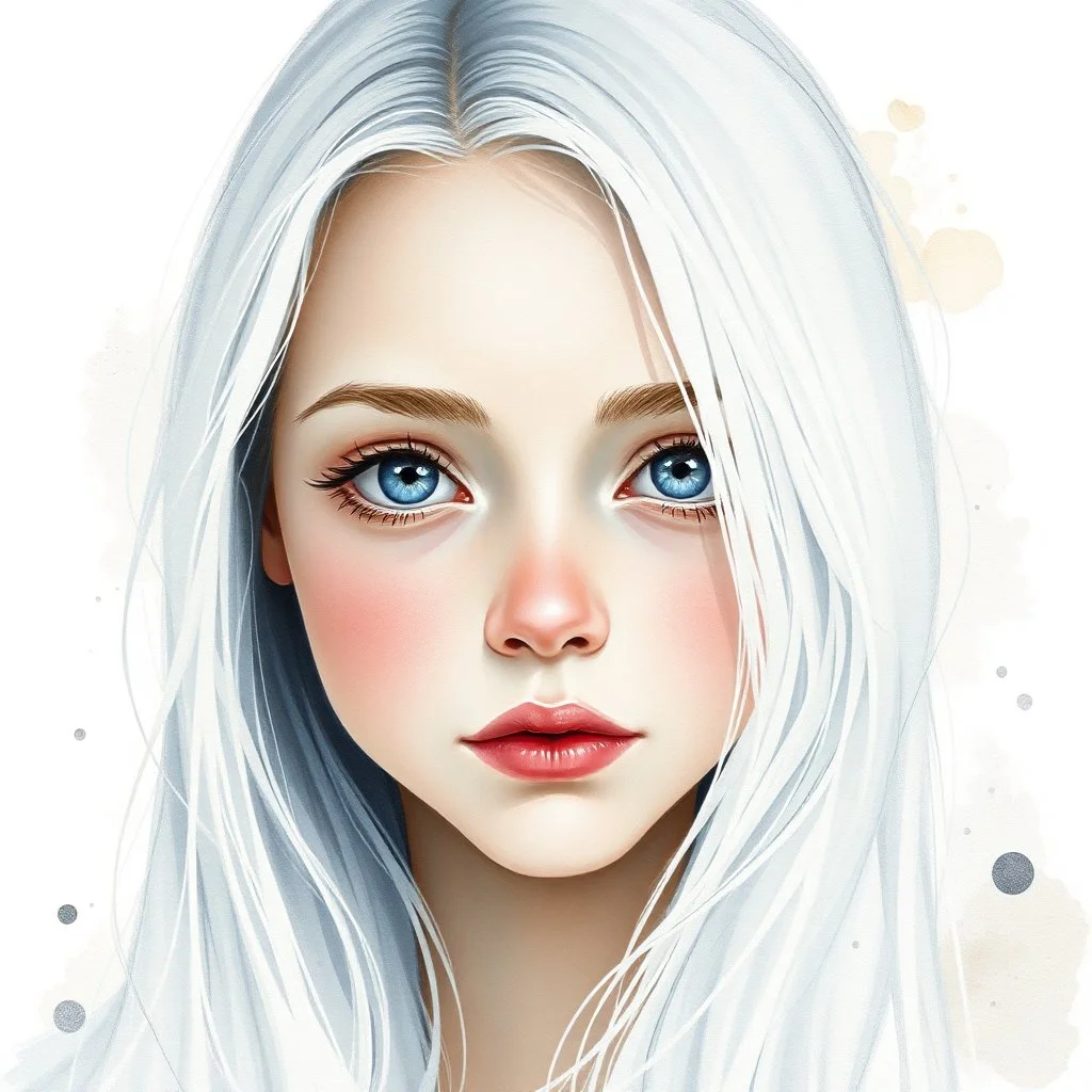 A young woman with long white hair, silver eyes, long eyelashes, very pale complexion, very shy, watercolor splotchy background, soft brushstrokes