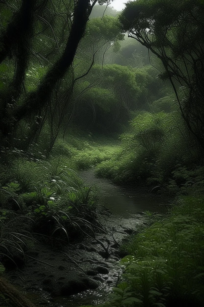 dark and tranquil bosque with much flora and rain