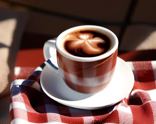 Cappuccino art microfoam in checkerboard mug saucer Crawford plaid napkin Demitasse