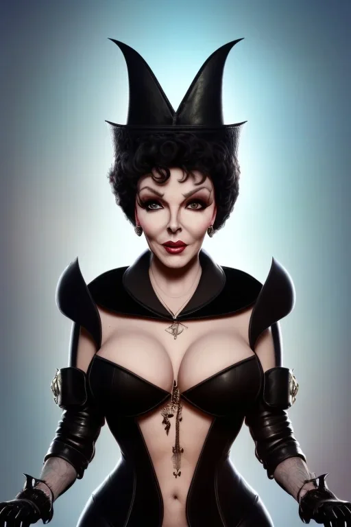 Joan Collins as evil queen in black leather, leather, busty, cleavage, angry, stern look. character design by cory loftis, fenghua zhong, ryohei hase, ismail inceoglu and ruan jia. unreal engine 5, artistic lighting, highly detailed, photorealistic, fantasy