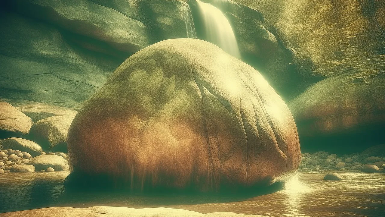 Waterfall on River, strange, giant alien eggs, A visually intriguing set of images with cross-processed colors, light leaks, and aged textures, creating a cinematic, dreamlike quality, A nostalgic yet surreal style that blends vintage aesthetics with fantastical elements. The imagery is tinged with a sepia-toned warmth, evoking memories of old photographs while introducing an uncanny and dreamlike twist. The detailed, painterly quality adds depth, making each scene feel like a fragment from an