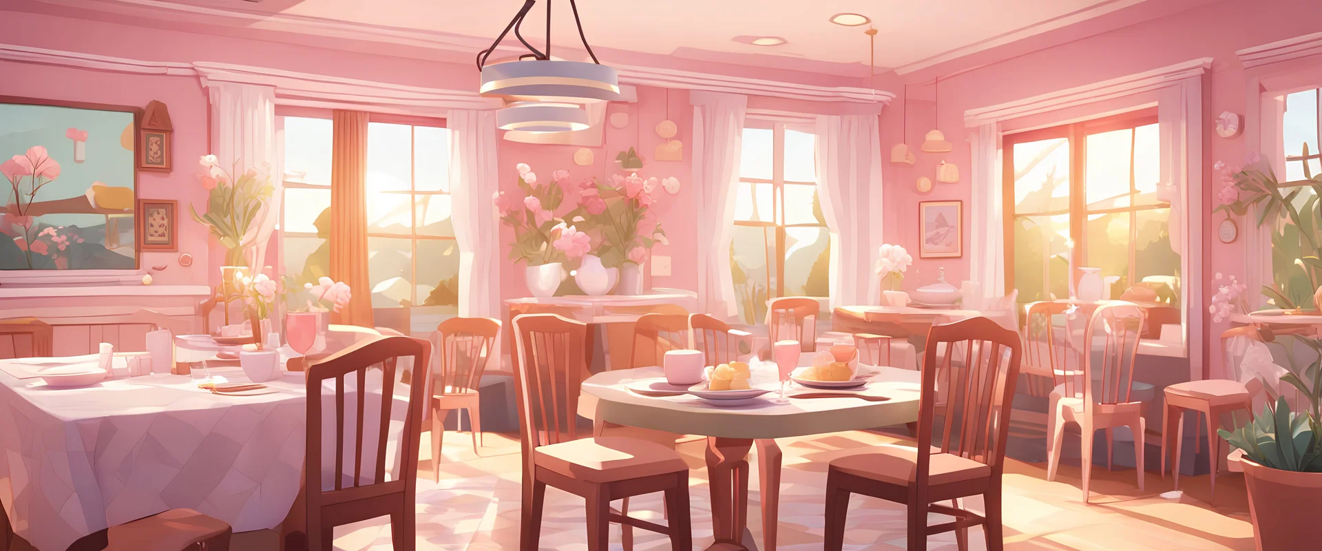 Background: interior of a dining room in a cozy bed and breakfast restaurant during a Sunday morning brunch with pale pink walls. 3D vector cartoon asset, mobile game cartoon stylized, clean. Details: springtime, hutch, detailed. Camera: side angle, 90°, 35 mm. Lighting: warm sunbeams, sparkles and bloom, LED lights. cartoon style