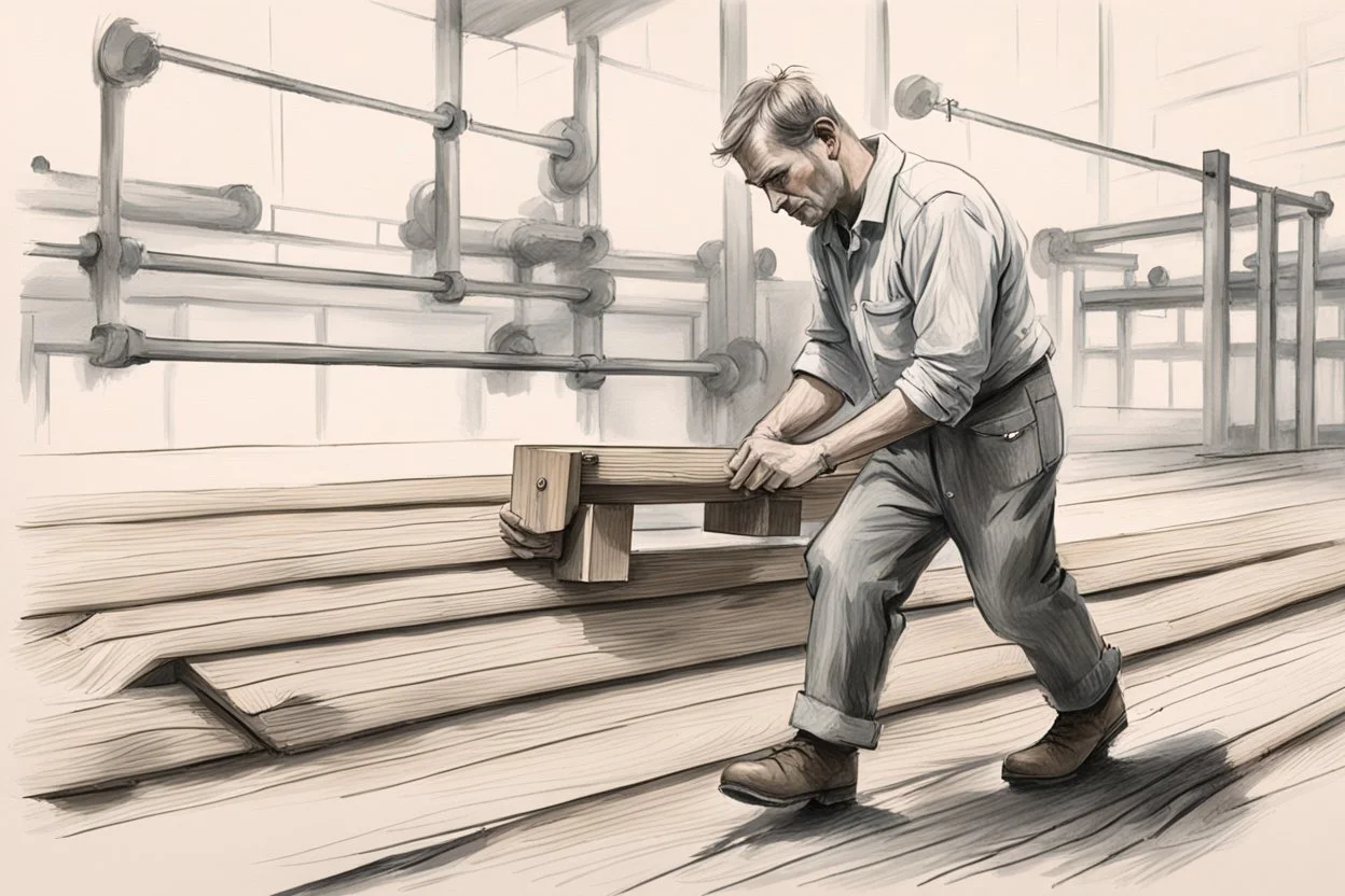 a man from sweden, very strong pushing a wooden along the floor in a factory, very basic sketch painting like the image i uploaded