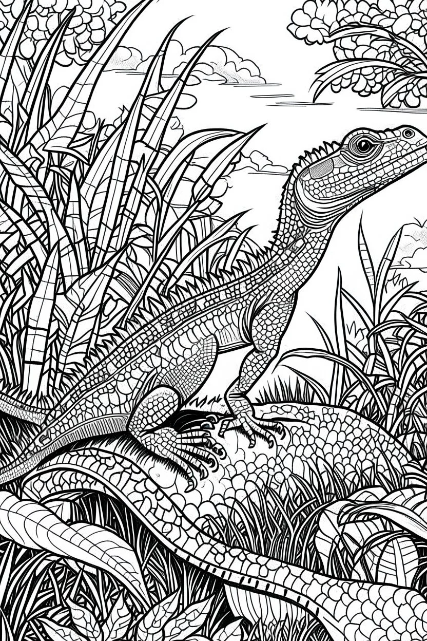 Outline art, lizard in the garden, cartoon style, black and white, low detail, --ar 9:11