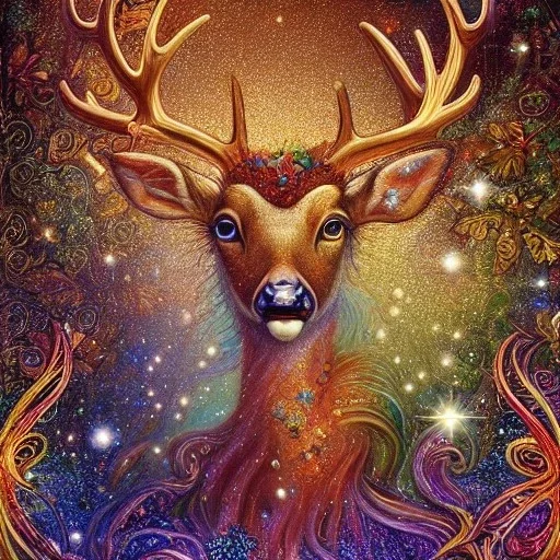 Deer and Santa , 500 x 500 pixels, glitter gold, extremely detailed fractal , fractal gems, fractal crystals, gold glitter, digital oil painting , detailed art illustration, vibrant, cinematic, ornate, luxury, 8K polished in the style of Josephine Wall, Brian Froud.Thomas Kinkade