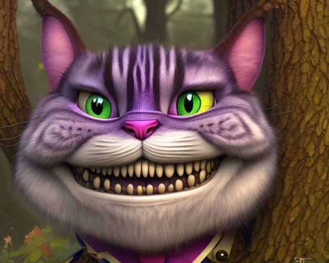 cheshire cat in a tree, leaning on a branch, wide grin, glowing eyes, pink and purple, alice in wonderland, signpost pointing in different directions