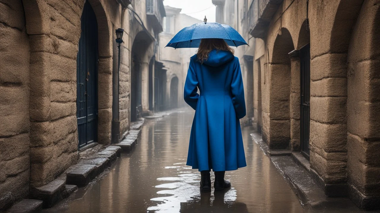 A cobbled alleyway, framed by stone arches, was almost empty save for a cat that slowly crossed, indifferent to the rain. In one corner, a woman in a blue coat waited under a black umbrella, her boots sinking slightly in the accumulated water.