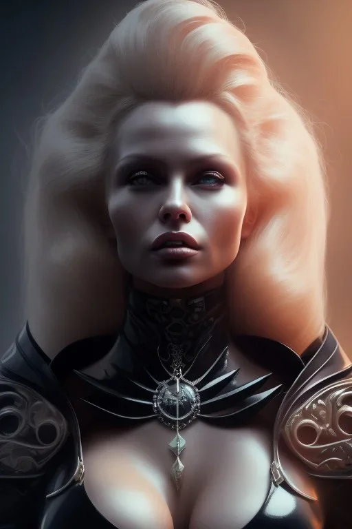 Pamela Anderson as evil queen in black leather, leather, busty, cleavage, angry, stern look. character design by cory loftis, fenghua zhong, ryohei hase, ismail inceoglu and ruan jia. unreal engine 5, artistic lighting, highly detailed, photorealistic, fantasy