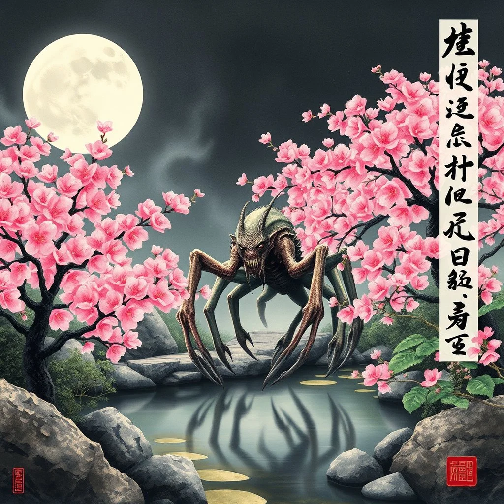 Create a watercolor-inspired Japanese silk painting. The main subject is an grotesque Lovecraftian amphibeous six legged monster skulking ominously in a serene zen garden. pink color of cherry blossoms natural and vibrant contrast. Overlaid on this beautiful scene is vertical Japanese calligraphy, adding an artistic and cultural flair. The composition is dynamic, with the horrible Lovecraftian monstrosity juxtaposed against the garden. Full moon and dark background.