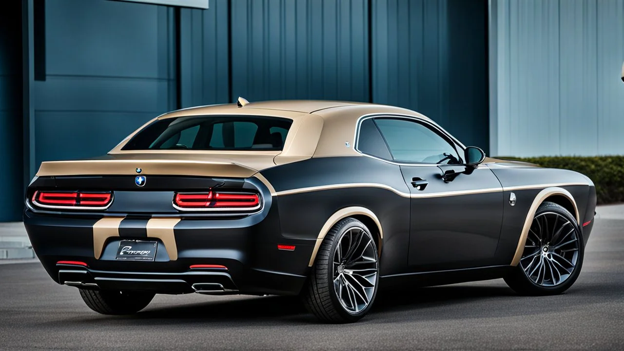 A luxurious (((fusion of a bmw and dodge challenger))), its sleek contours and opulent details blending seamlessly together, rear view