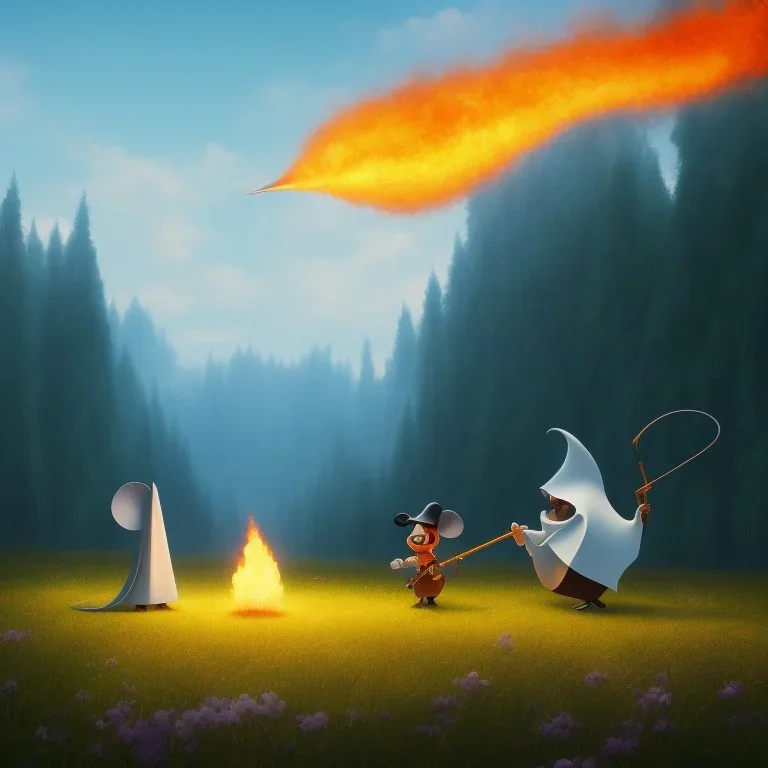 The mouse and the grim reaper on fire world, discussing the future of the universe, art by Pixar and Magritte