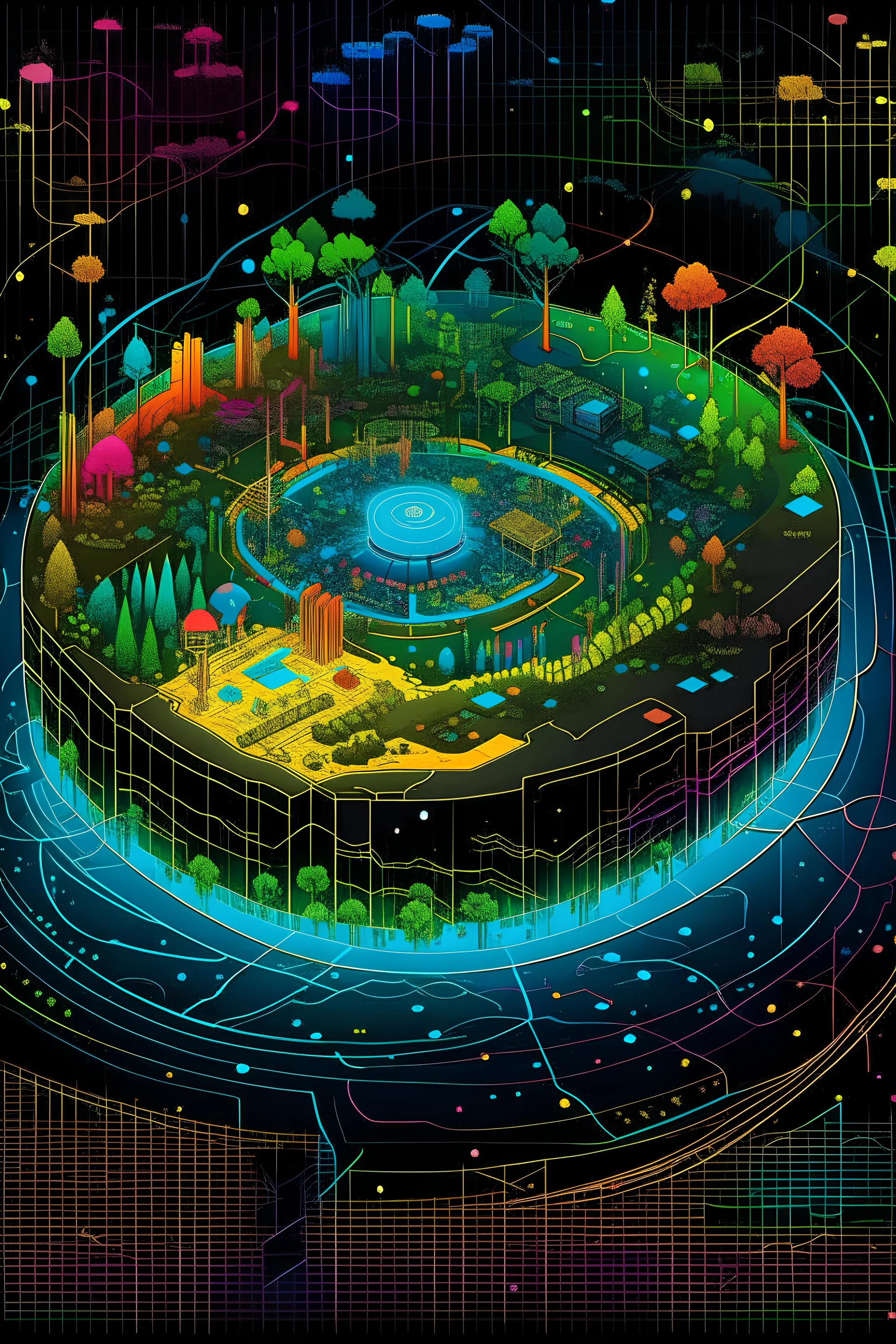 Visualize an expansive, vibrant ecosystem thriving within the silhouette of a giant microchip floating in cyberspace. This microchip-ecosystem is alive with various zones representing different aspects of AI quality assurance - from automated testing forests filled with robotic creatures conducting tests, over to a river of data flowing with bits and bytes, feeding into lakes of feedback and refinement. In the center, a majestic tree of knowledge stands tall, its leaves displaying holographic im