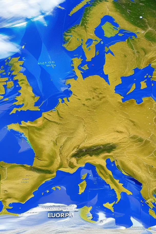 European countries are viewed from space, roads, cities, signs are visible. Highlight the names of the countries on the map. The clouds are naturalistic