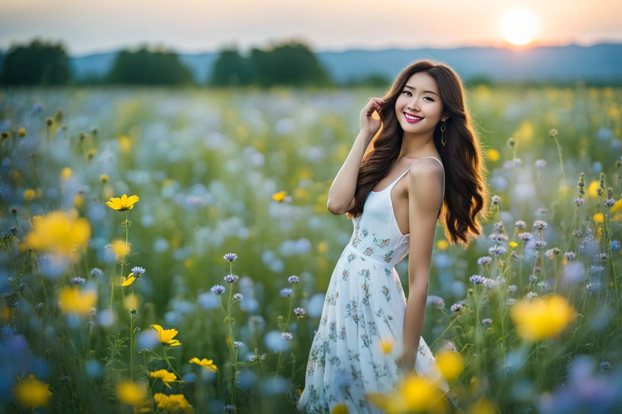 Young woman in flower field in the evening