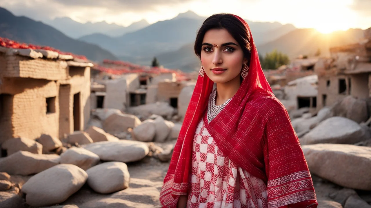 Aphotographic middle shot of a beautiful a young Pakistani pashto woman (age 25 with beautiful black hair and pretty eyes) in a beautiful traditional red and white checkered dress with white dupatta happily standing outside village houses made of rocks & bricks with mountains behind her at beautiful cloudy sunset with sun-rays on her face showing cinematic And dramatic ambiance.