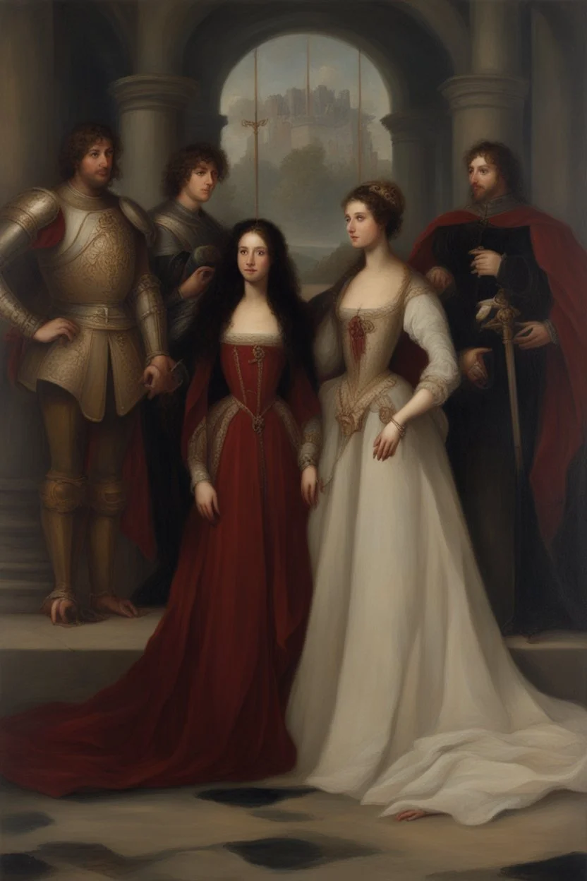 Oil painting Knights and princess wearing a dark red dress and long black hair