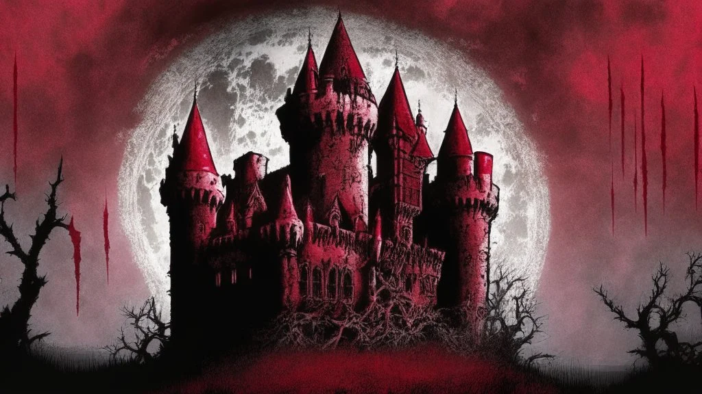 dark blood red colored, Vampire castle, comic style