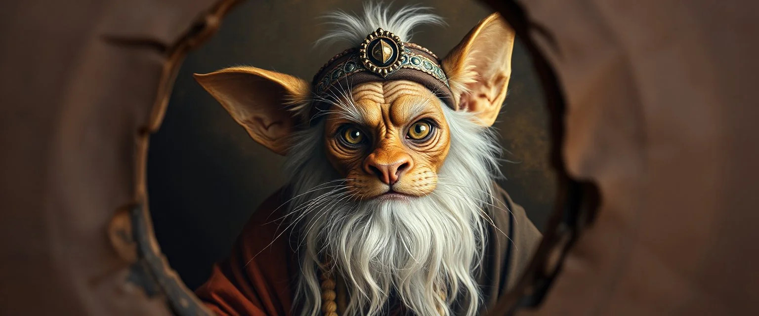 pin hole cam, master oil painting by Rembrandt,ohm ri shi lahkshmi super guru with lots followers looking like a cat troll gremlin yoga guru, brown paper with rolled up burnt edges, he just heard something peculiar