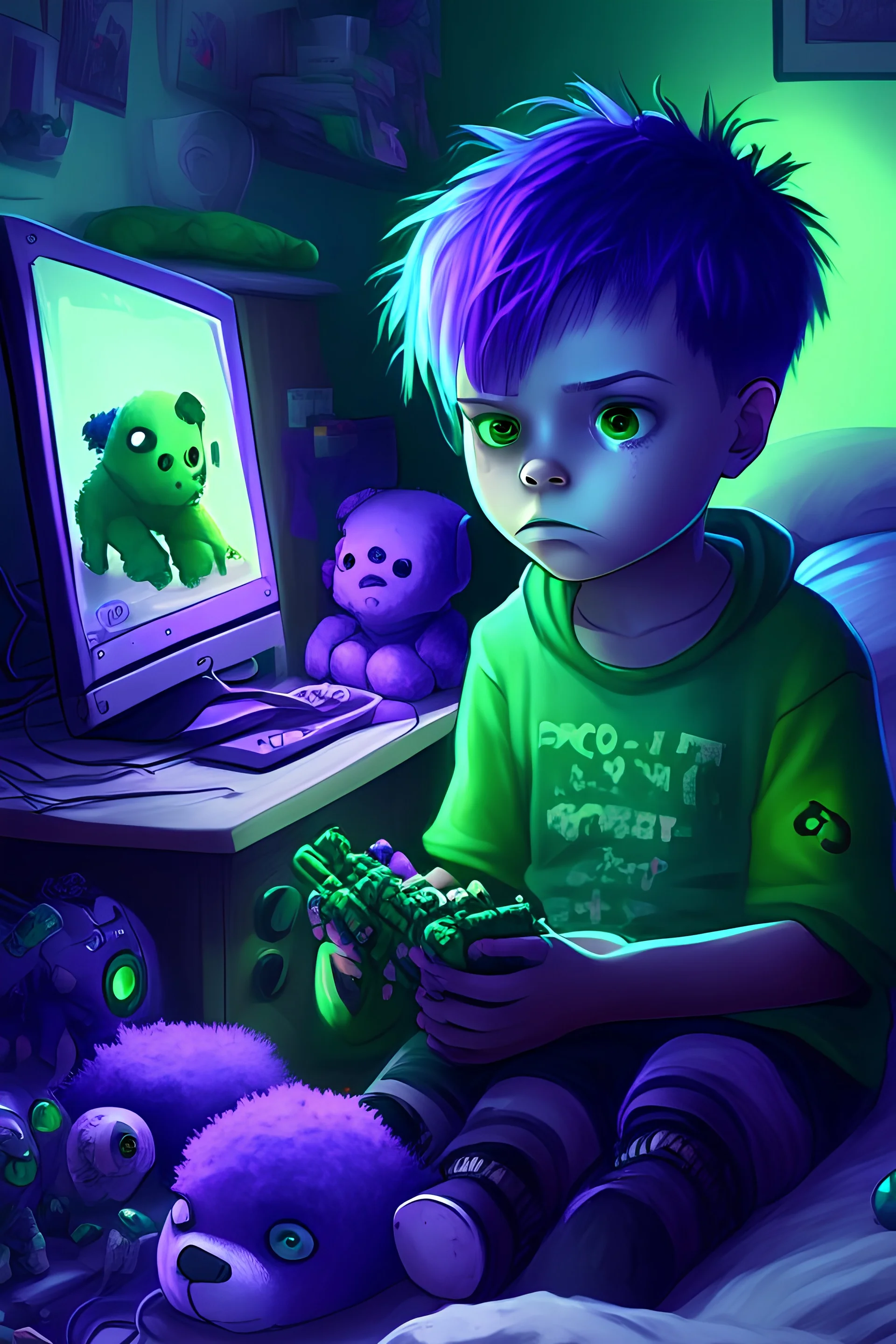 A young boy with short purple hair and glowing green eyes is sitting in his bedroom with a lot of stuffed toys and dolls inserting his hand into a computer while playing video games