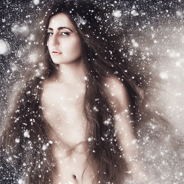 wonderfull spanish woman, curves, cyborg, platinum long hair, hair covering one eye, ultradetailed fine art photo of a spanish, weet face portrait, snow flakes particles, 35 mm