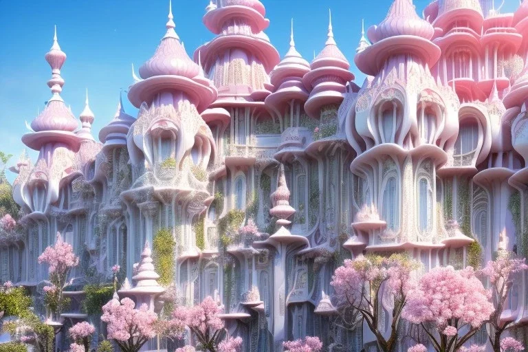 a magical crystal flower lotus magnolia lys bougainvillier, blue gold house indian palace castle in the woods, magnolias pink,blue lake,sun,white swanns,pink vertical, blue lake,sharp, vines, candlelit, endor, ornate, elegant, highly detailed, artstation, concept art, smooth, sharp focus, illustration, 8k, splash art, wallpaper, key visual