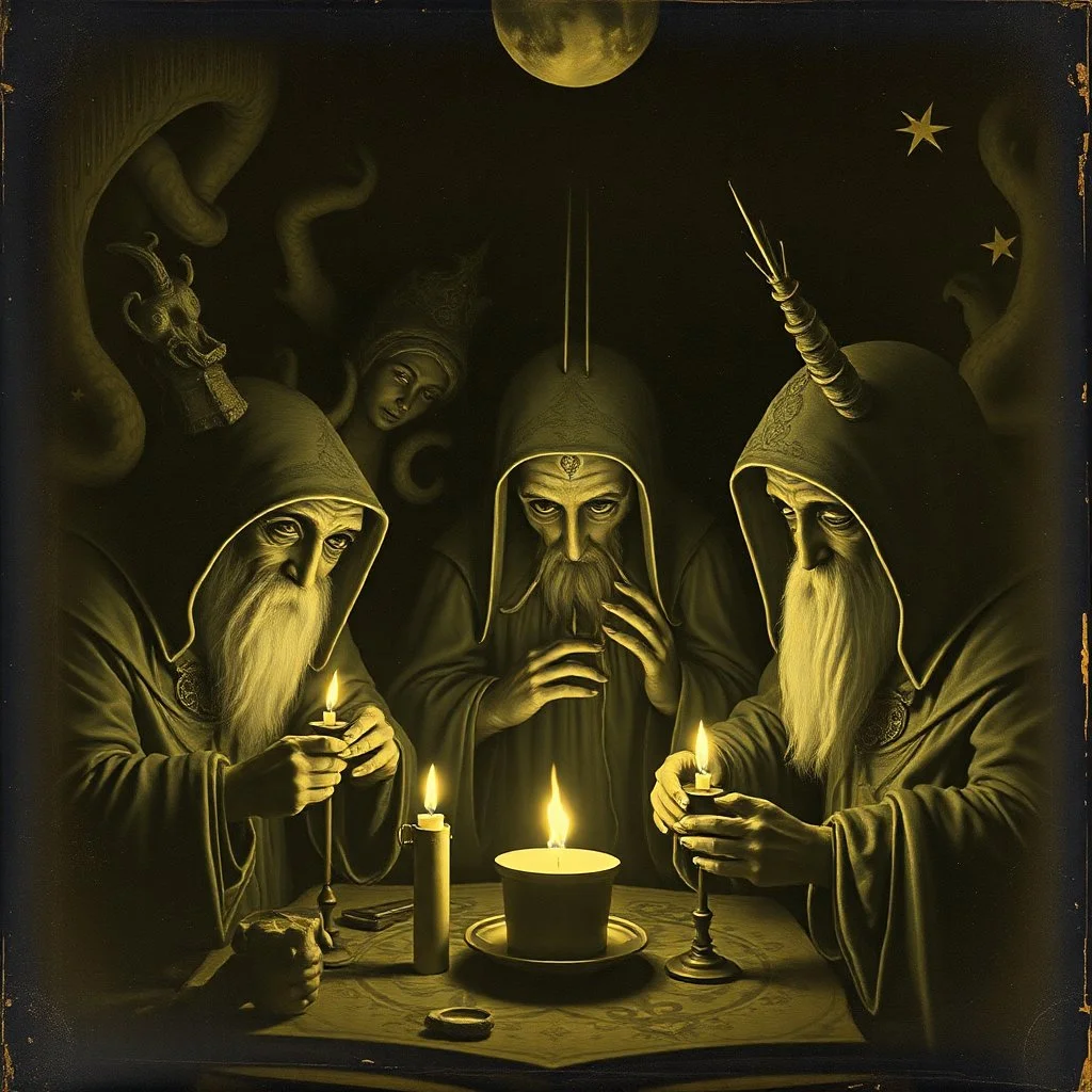 Daguerrotype close up some mysterious figures, odd background, alchemists, ritual, Hieronymus Bosch Max Ernst ambient light, by Minicavio Quollati and Marlost Endgulp, Amano, Botticelli, Alphonse Mucha