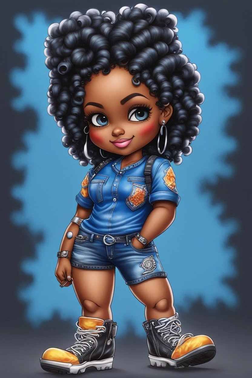 create an airbrush illustration of a chibi cartoon voluptuous black female wearing a blue jean outfit with a tie dye tshirt with biker boots. Prominent make up with hazel eyes. Extremely highly detail of a tight curly black bantu knots. Background of a bike show