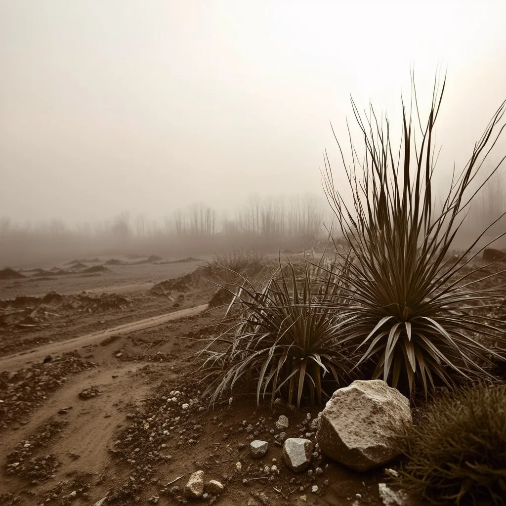 A striking quality Kodak photograph captures a wasteland with a group of plants, creepy, details of the dust and of the plants very accentuated, glossy organic mass, adorned with minerals and rocks. Bathed in intense light, eerie, Max Ernst style, black sun, fog