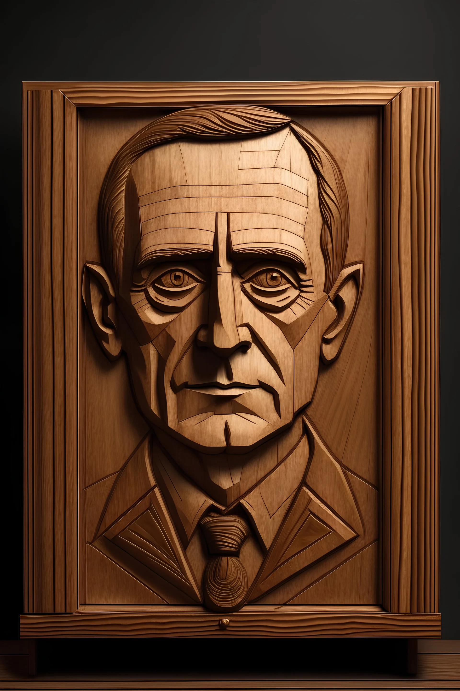 a portrait of Stepan Bandera made out of pine wood.