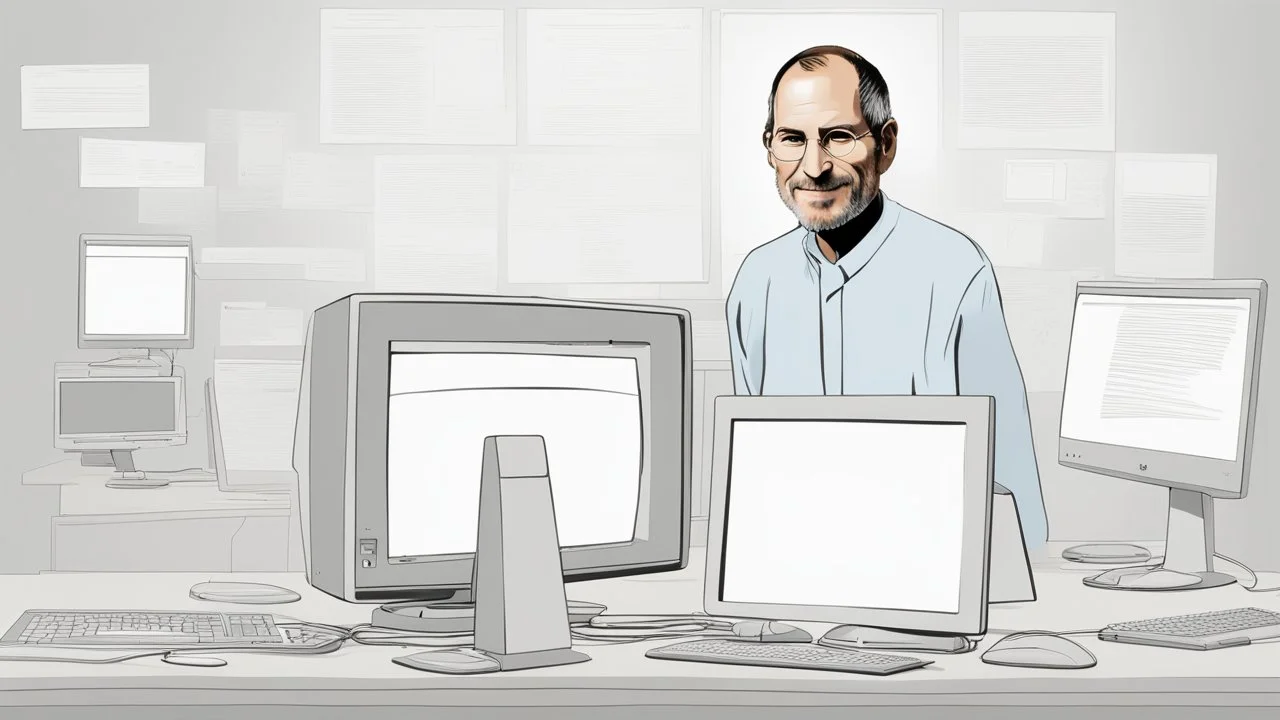 An image inspired by Steve Jobs' innovative spirit shows him standing next to the iconic iMac computer. Jobs appears in the image with a confident smile, casting a look full of optimism towards the future. The image showcases his dedication to achieving innovative technology and sleek design, captivating viewers' attention and encouraging them to explore more details about Steve Jobs' pioneering persona and his legacy in the world of technology and innovation.
