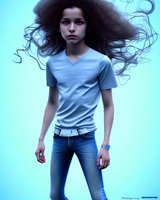 beautiful, slender, 10 year old arabic boy with very long curly hair and light blue eyes