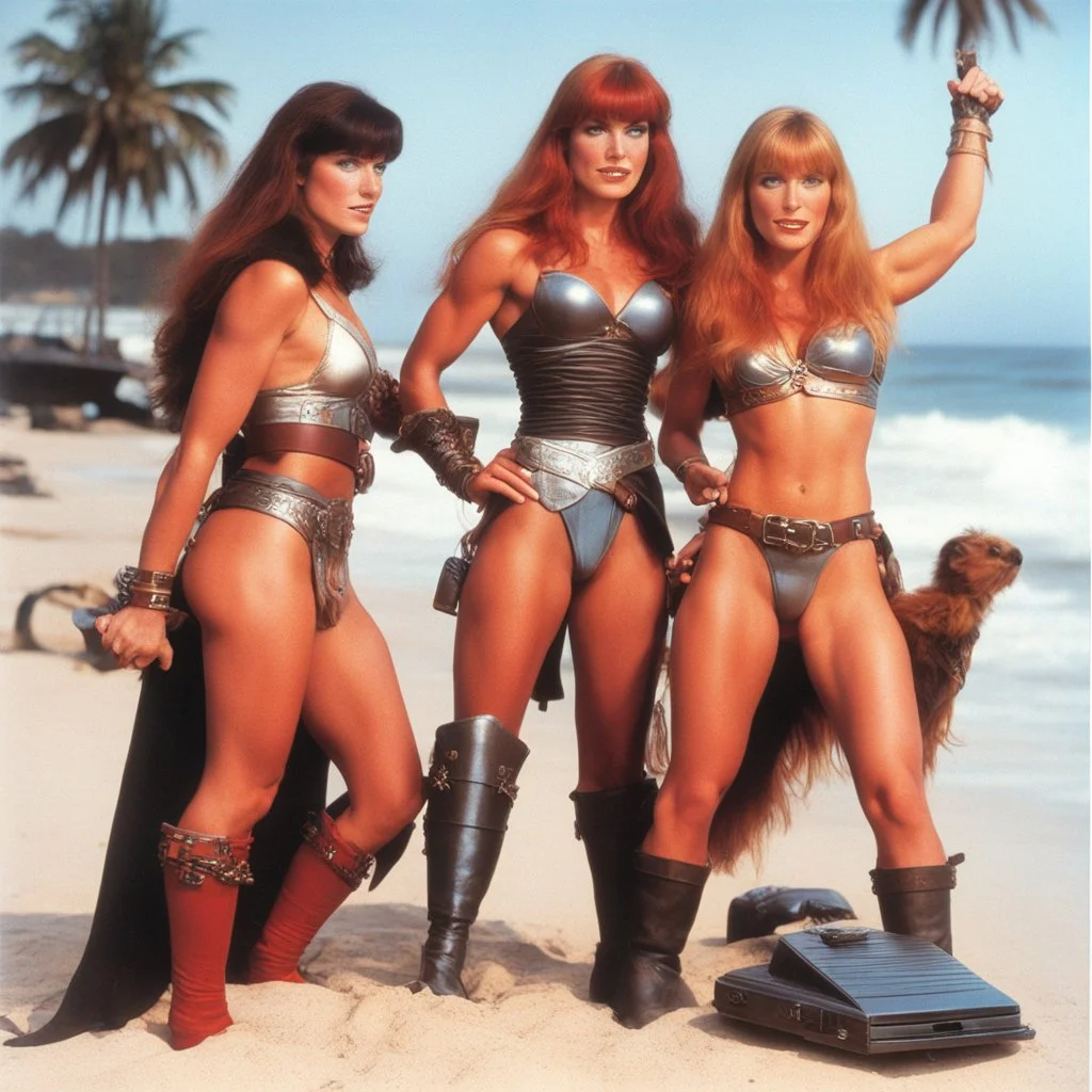 Red Sonja and Xena presenting womanizer toys on the cover of Sears catalogue special summer issue on the beach (1980)