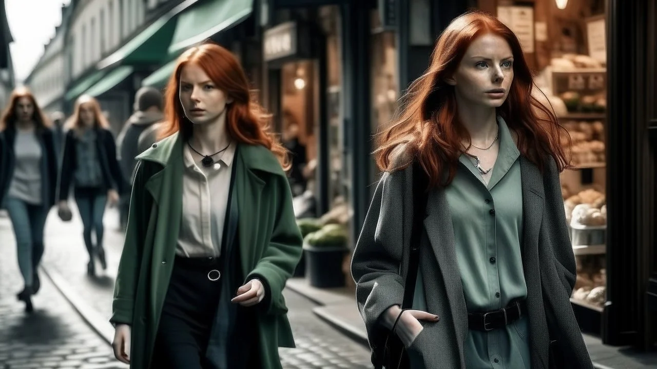 shoulder-length red-haired woman with a ghostly young woman following her, walking along a street full of shops,