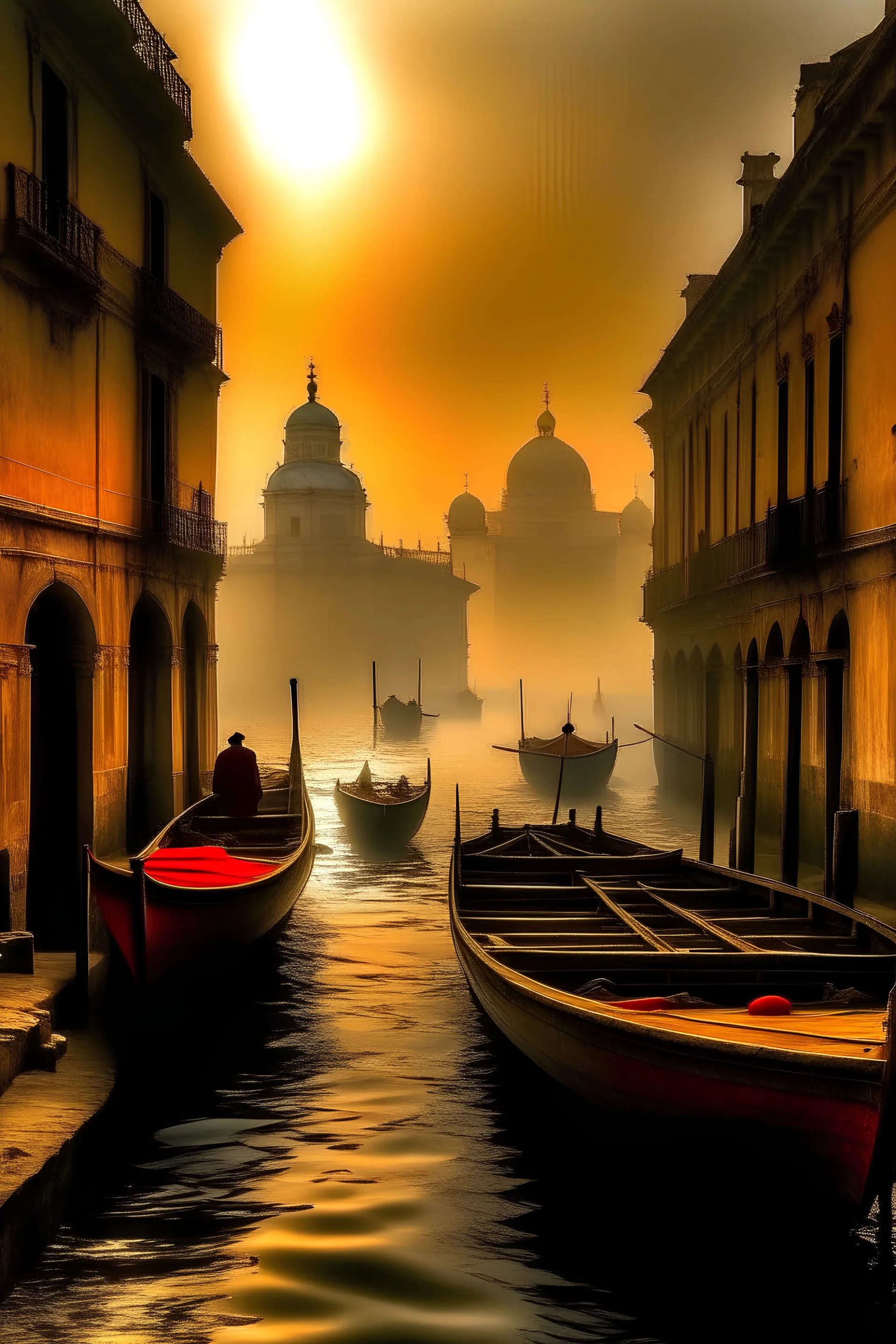 Qaitbay Citadel in Alexandria, fishermen’s boats anchored around it, fishermen putting fishing nets on their boats, fog covering the place, the moment the sun rises