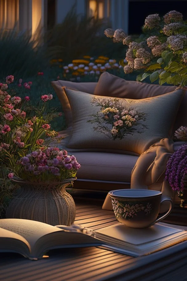 Night, twilight, a light brown wicker sofa with floral cushions, a glass-topped table in front of it, coffee steaming in a porcelain cup, and a down-turned open book next to it. Above the settee, flower bushes in planters, all on the terrace of a luxury house S<AI Nikon D850 highly detailed digital painting sharp focus elegant intricate photorealistic 4k very attractive beautiful dynamic lighting award winning fantastic view crisp quality Unreal Engine very cute cinematic postprocessing acrylic